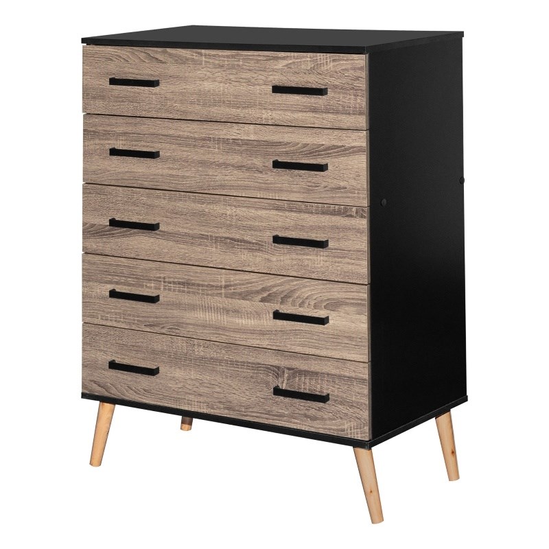 Better Home Products Eli Mid-Century Modern 5 Drawer Chest in Black & Sonoma Oak