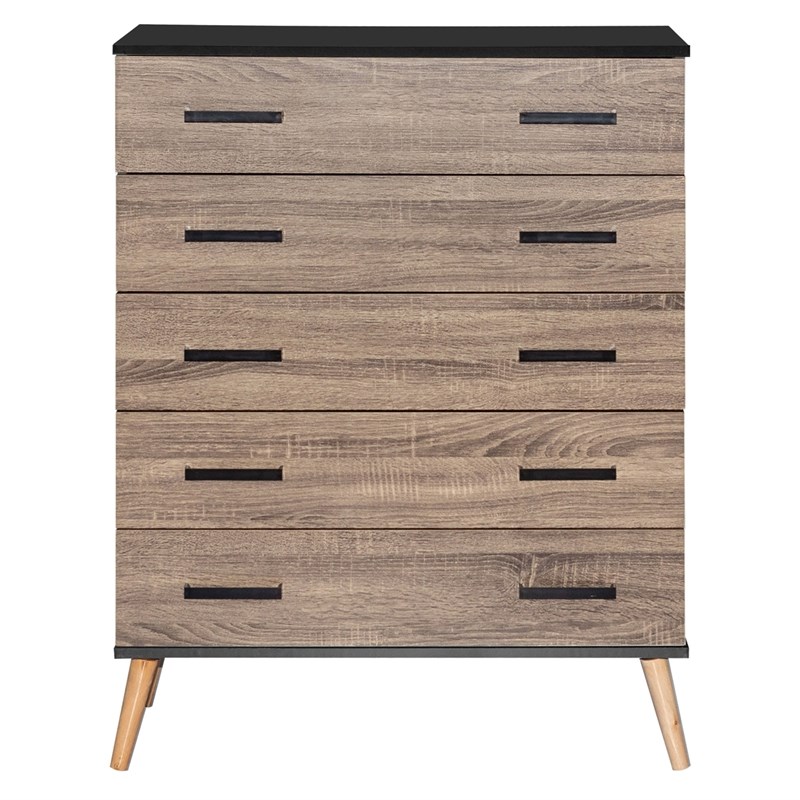 Better Home Products Eli Mid-Century Modern 5 Drawer Chest in Black & Sonoma Oak