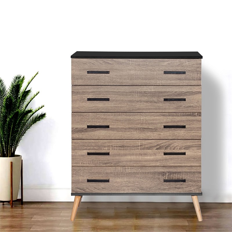 Better Home Products Eli Mid-Century Modern 5 Drawer Chest in Black & Sonoma Oak