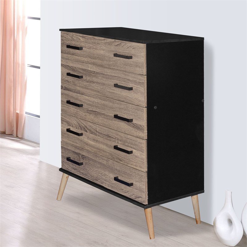 Better Home Products Eli Mid-Century Modern 5 Drawer Chest in Black & Sonoma Oak