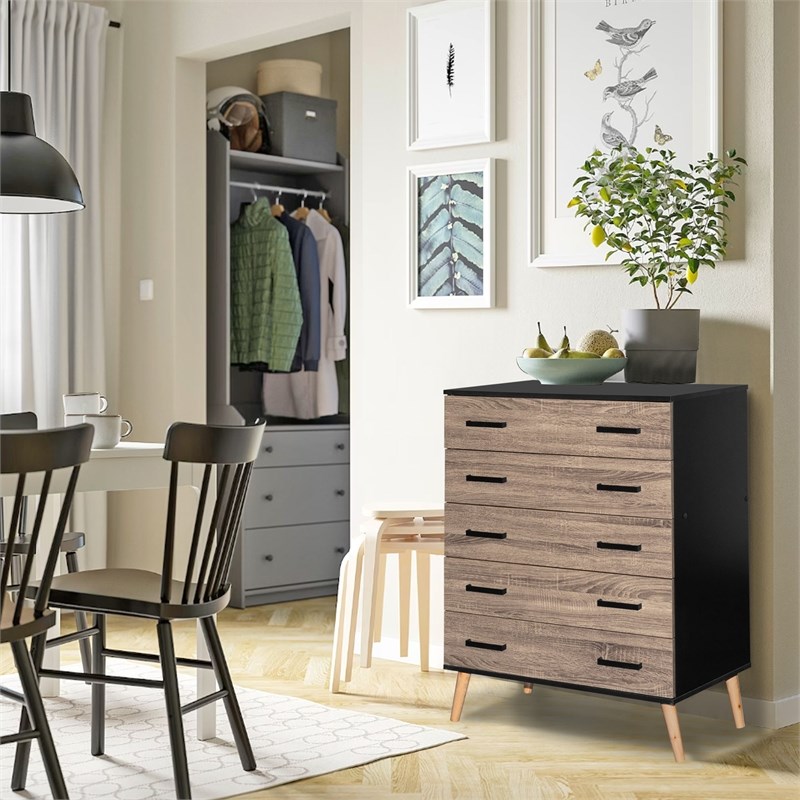 Better Home Products Eli Mid-Century Modern 5 Drawer Chest in Black & Sonoma Oak