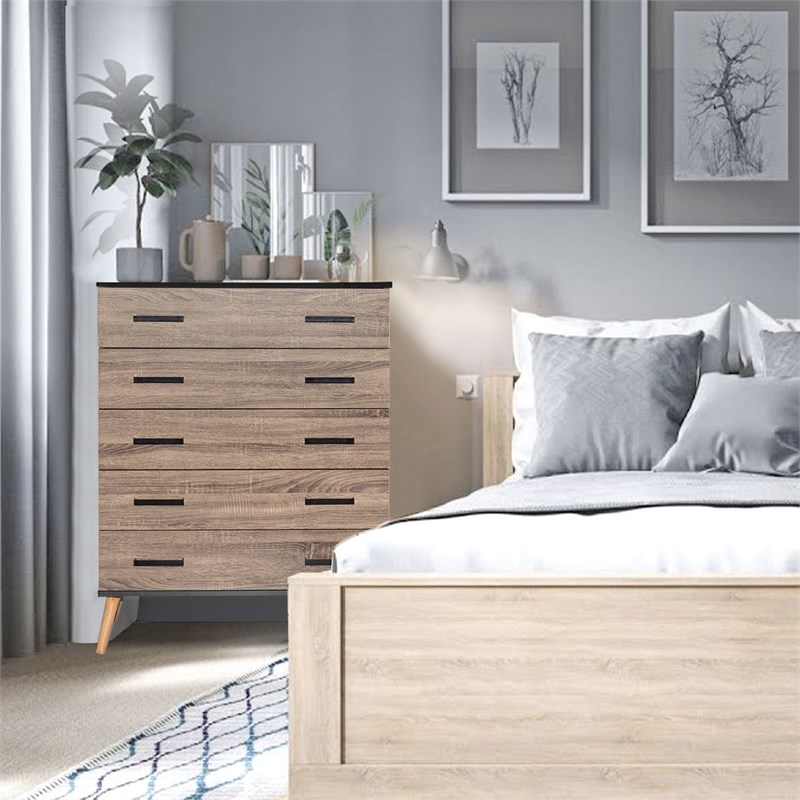 Better Home Products Eli Mid-Century Modern 5 Drawer Chest in Black & Sonoma Oak