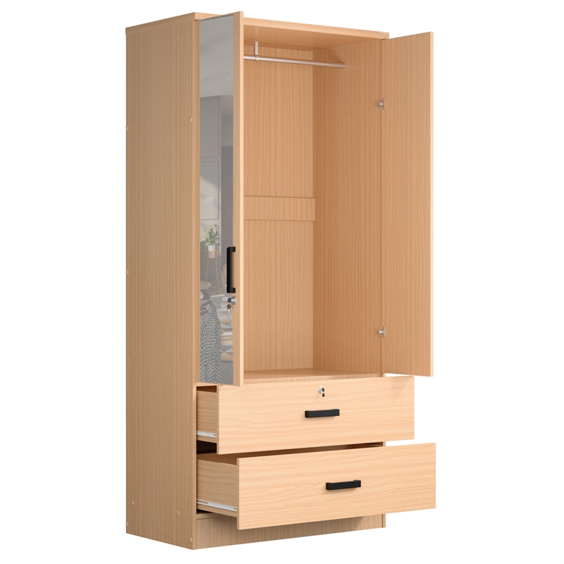 Better Home Products Grace Armoire Wardrobe with Mirror & Drawers Beech (Maple)