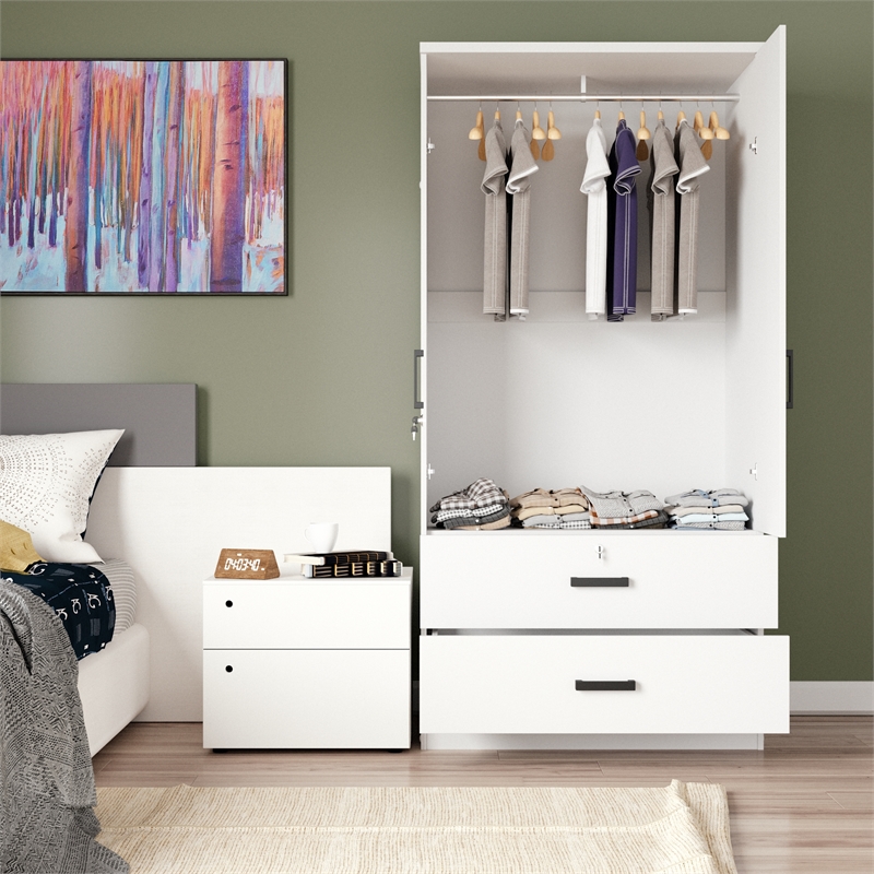 Better Home Products Grace Armoire Wardrobe with Mirror & Drawers in White