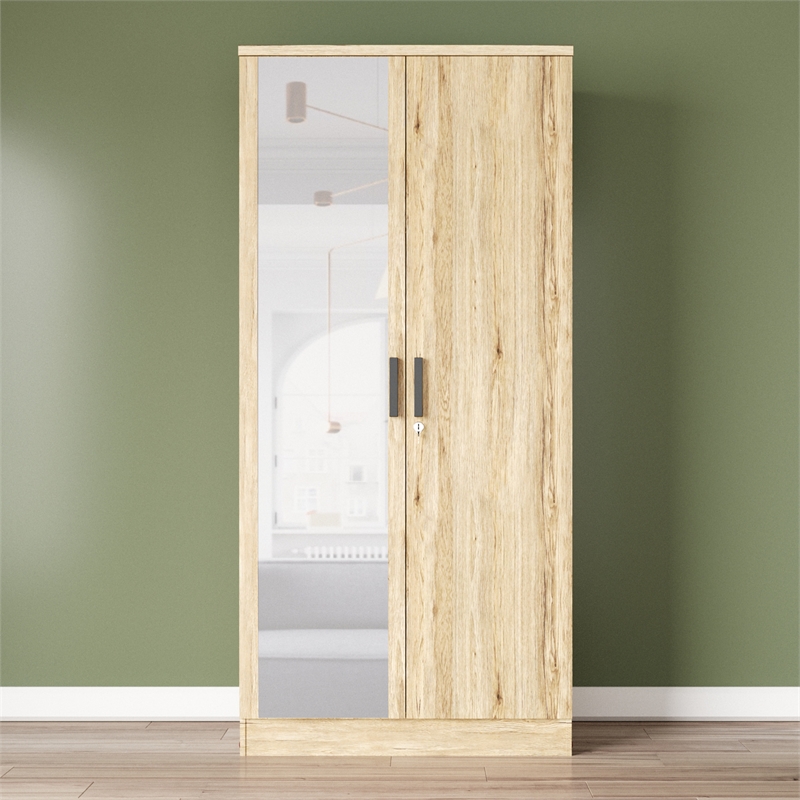 Better Home Products Harmony Two Door Armoire Wardrobe w / Mirror in Natural Oak