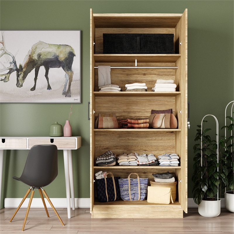 Better Home Products Harmony Two Door Armoire Wardrobe w / Mirror in Natural Oak