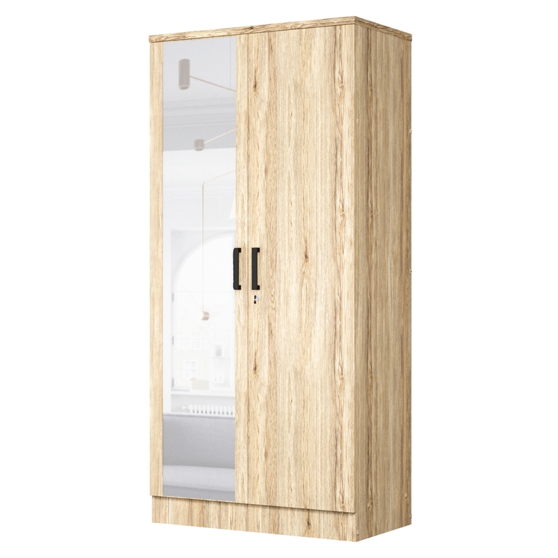 Better Home Products Harmony Two Door Armoire Wardrobe w / Mirror in Natural Oak