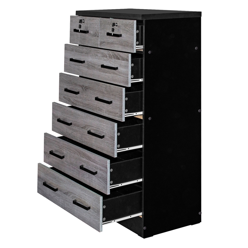 Better Home Products Cindy 7 Drawer Chest Wooden Dresser in Gray & Black