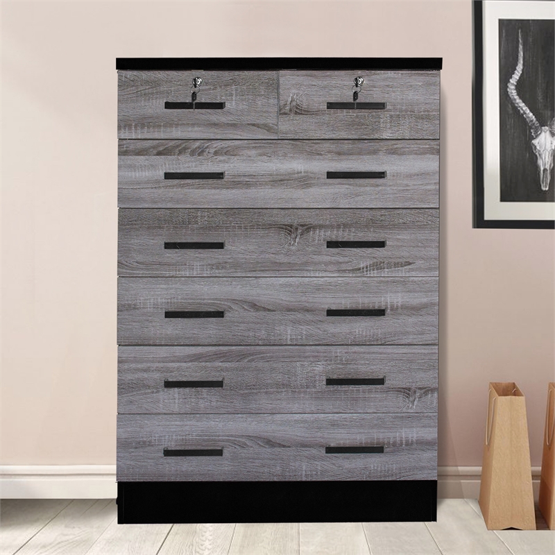 Better Home Products Cindy 7 Drawer Chest Wooden Dresser in Gray & Black