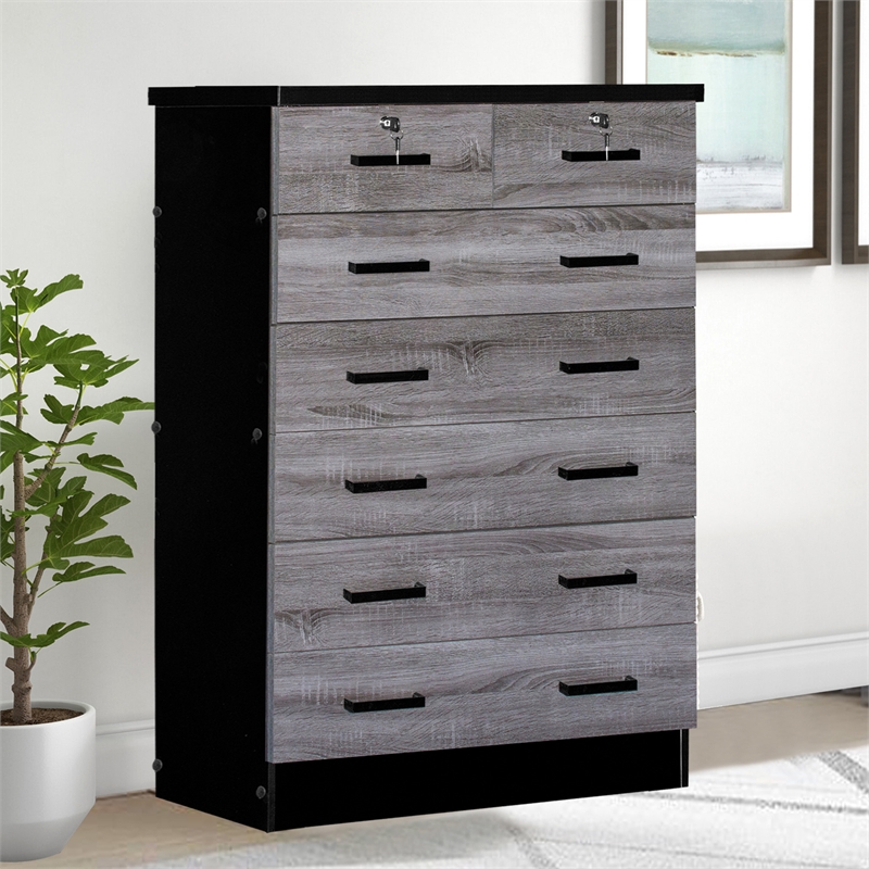Better Home Products Cindy 7 Drawer Chest Wooden Dresser in Gray & Black