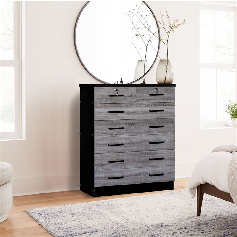 Better Home Products Cindy 7 Drawer Chest Wooden Dresser in Gray & Black