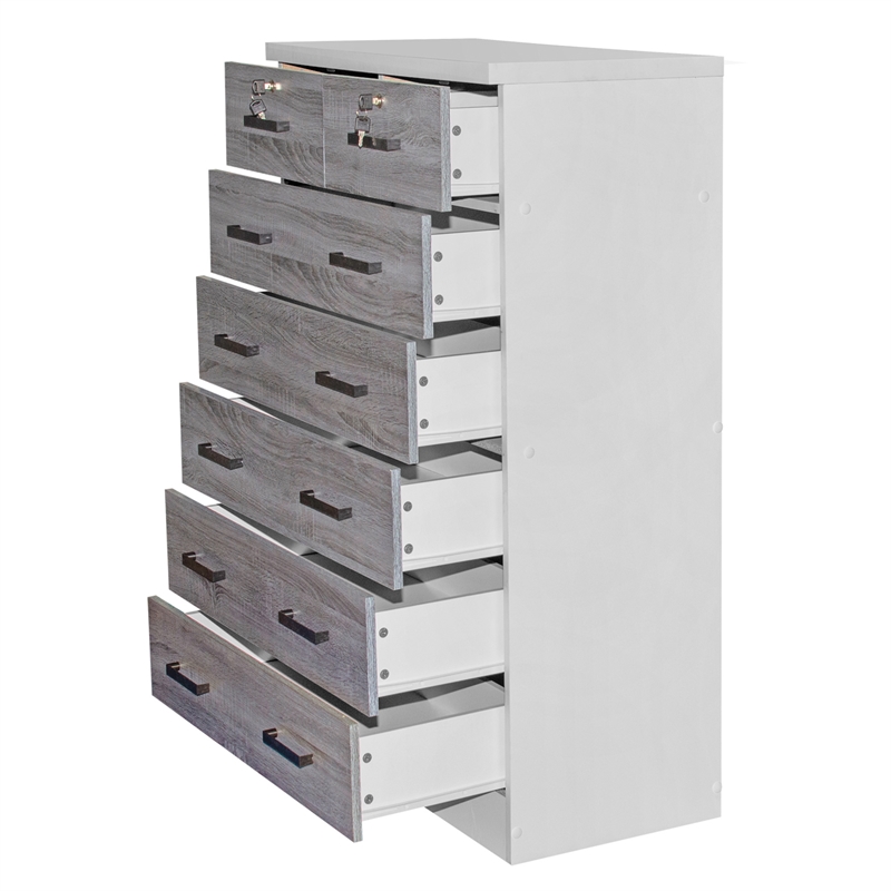 Better Home Products Cindy 7 Drawer Chest Wooden Dresser in Gray & White