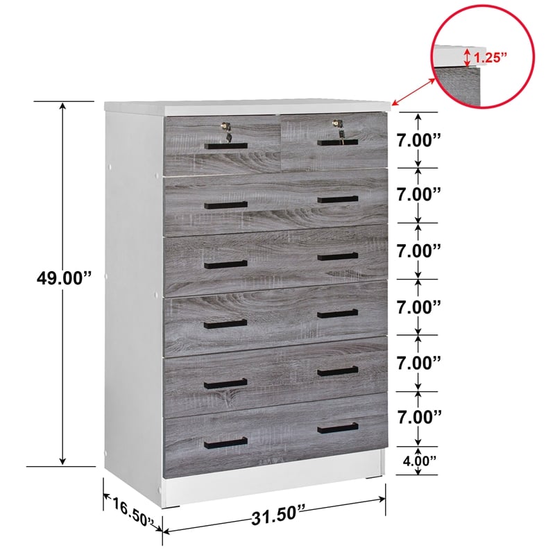 Better Home Products Cindy 7 Drawer Chest Wooden Dresser in Gray & White