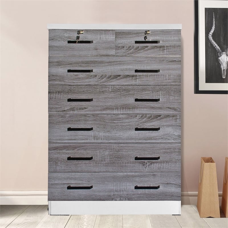 Better Home Products Cindy 7 Drawer Chest Wooden Dresser in Gray & White