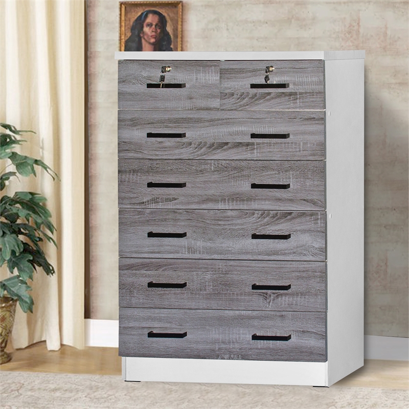 Better Home Products Cindy 7 Drawer Chest Wooden Dresser in Gray & White
