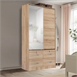Better Home Products Sarah Double Sliding Door Armoire with Mirror Natural Oak