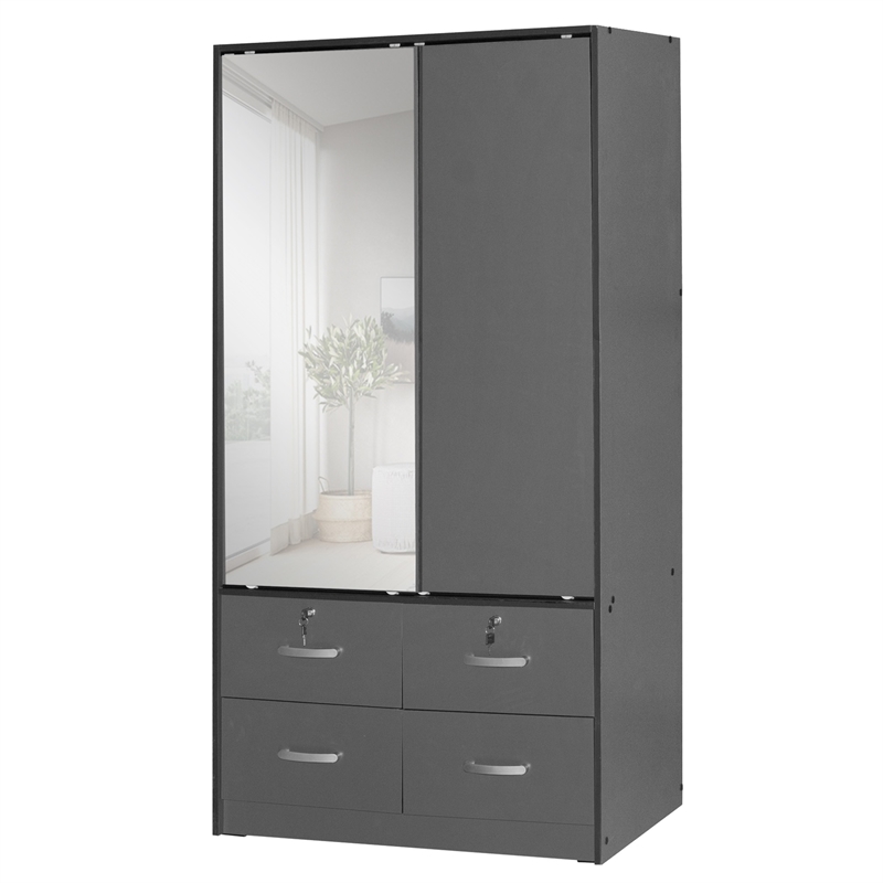 Better Home Products Sarah Double Sliding Door Armoire with Mirror in Dark Gray