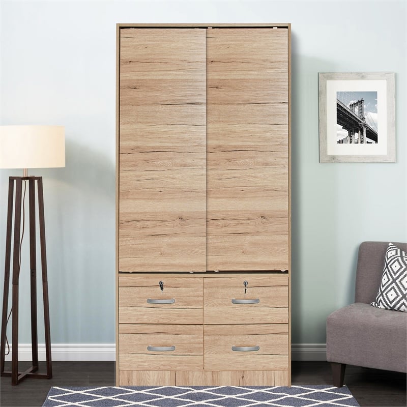 Better Home Products Sarah Modern Wood Double Sliding Door Armoire Natural Oak