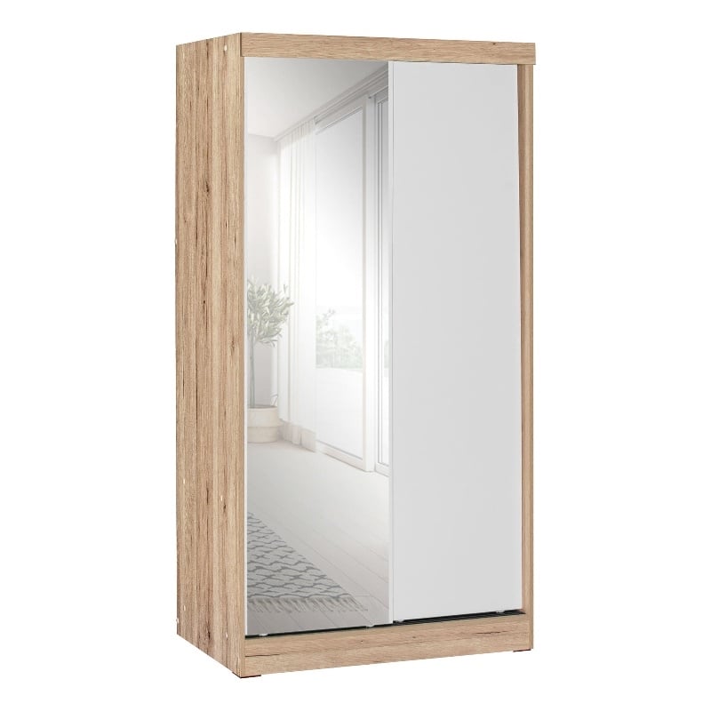 Better Home Products Mirror Wood Double Sliding Door Wardrobe White /Natural Oak
