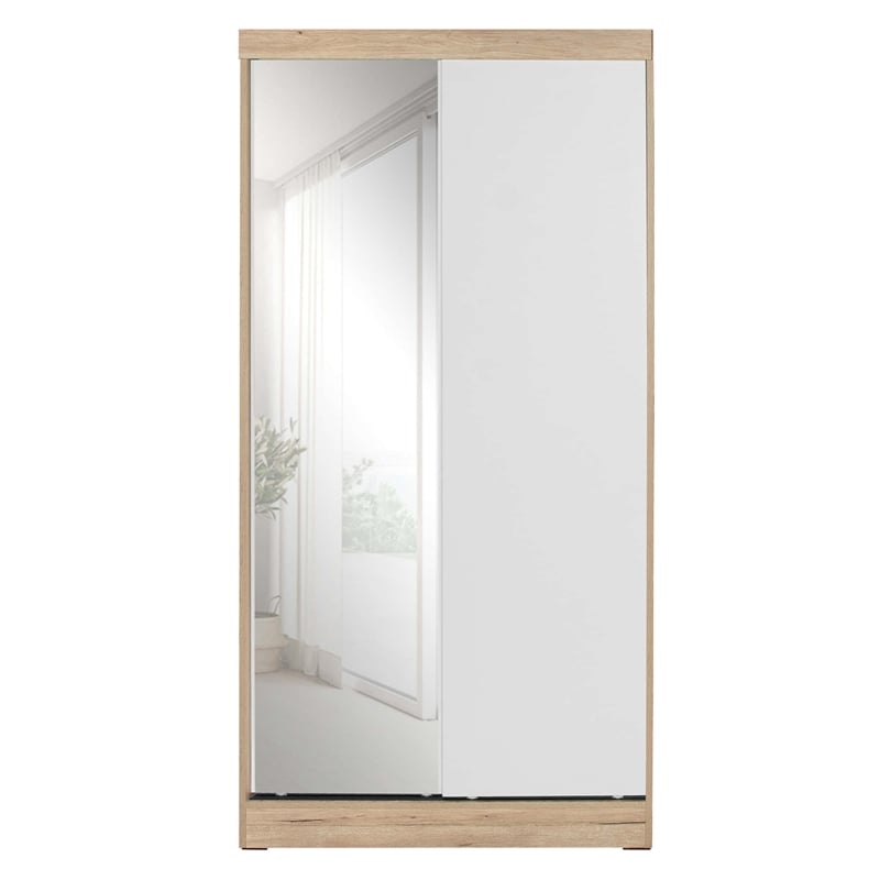 Better Home Products Mirror Wood Double Sliding Door Wardrobe White /Natural Oak
