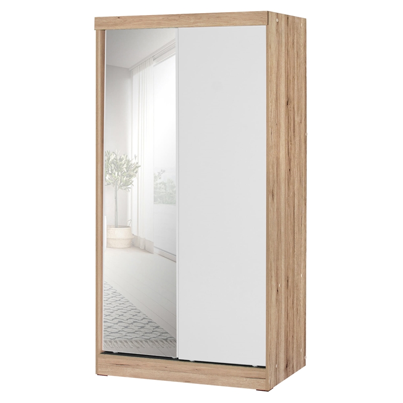 Better Home Products Mirror Wood Double Sliding Door Wardrobe White /Natural Oak