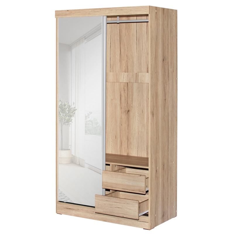 Better Home Products Mirror Wood Double Sliding Door Wardrobe White /Natural Oak