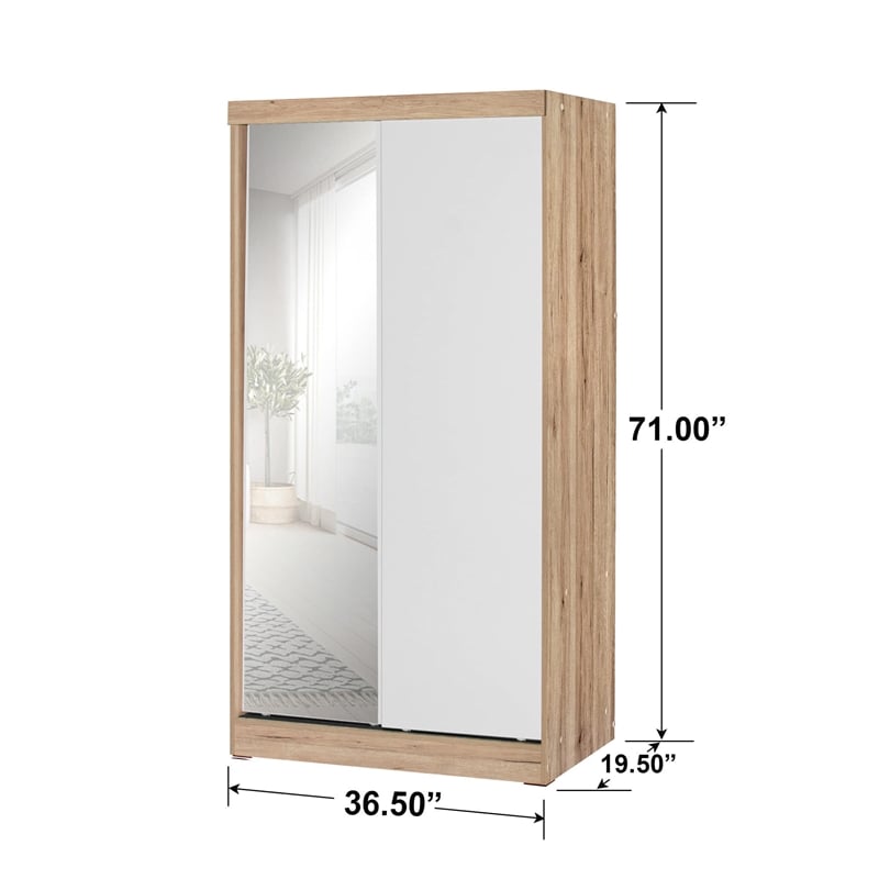 Better Home Products Mirror Wood Double Sliding Door Wardrobe White /Natural Oak