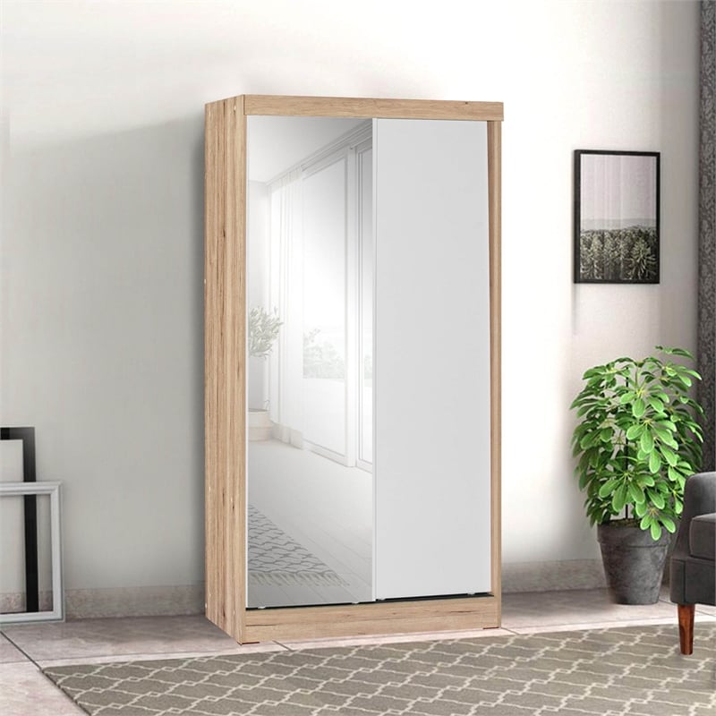 Better Home Products Mirror Wood Double Sliding Door Wardrobe White /Natural Oak