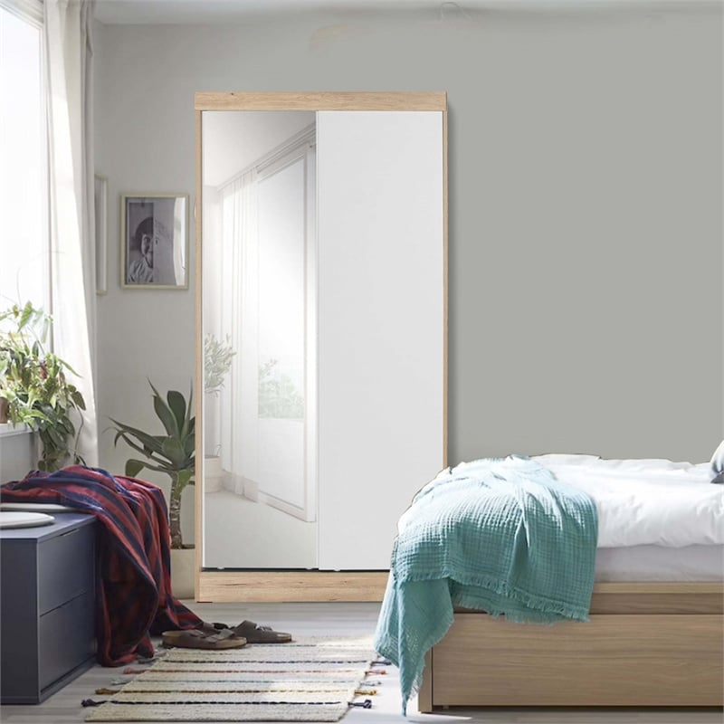 Better Home Products Mirror Wood Double Sliding Door Wardrobe White /Natural Oak