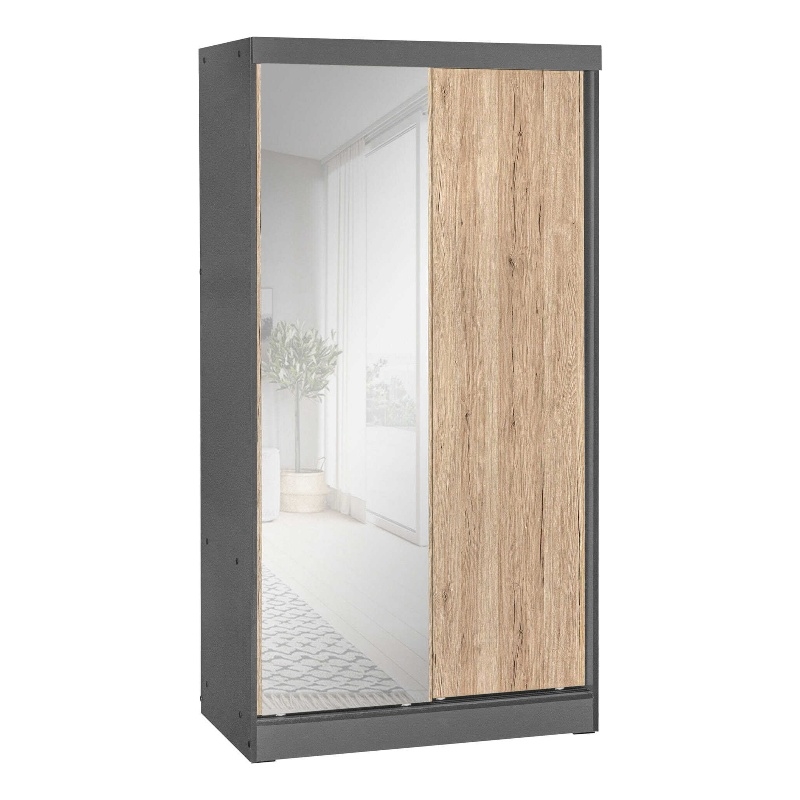 Better Home Products Mirror Wood Double Sliding Door Wardrobe Natural Oak /Gray