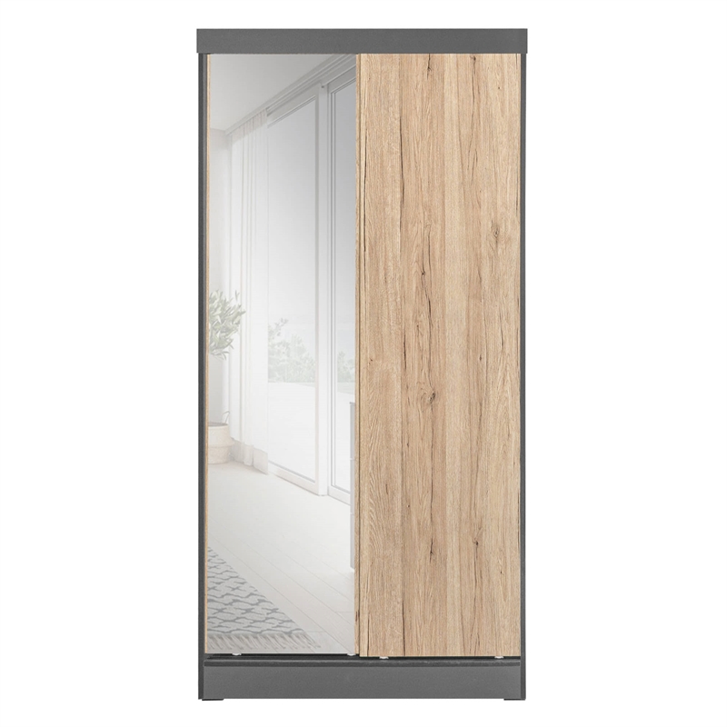 Better Home Products Mirror Wood Double Sliding Door Wardrobe Natural Oak /Gray