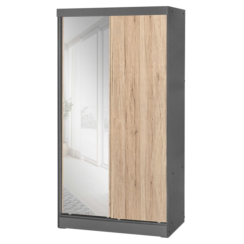 Better Home Products Mirror Wood Double Sliding Door Wardrobe Natural Oak /Gray