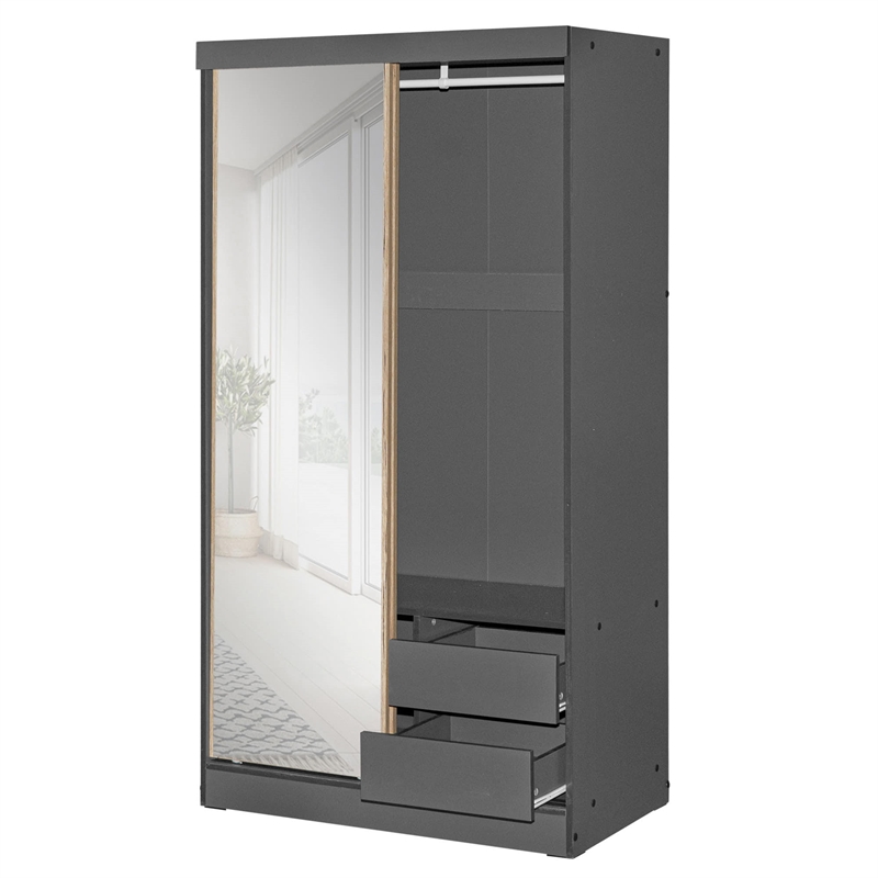 Better Home Products Mirror Wood Double Sliding Door Wardrobe Natural Oak /Gray