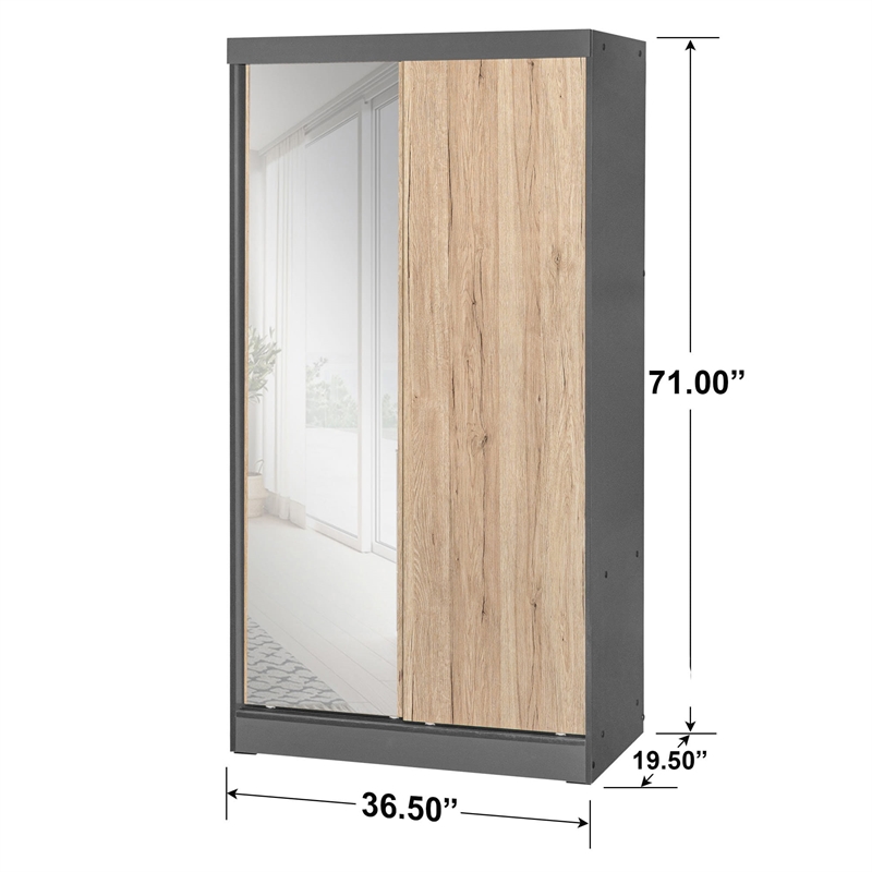 Better Home Products Mirror Wood Double Sliding Door Wardrobe Natural Oak /Gray