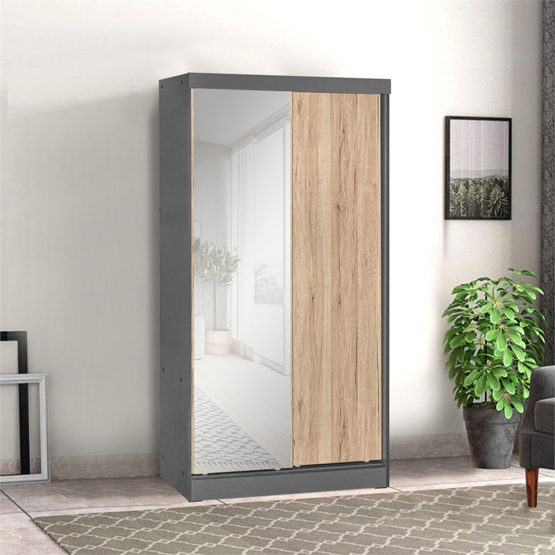 Better Home Products Mirror Wood Double Sliding Door Wardrobe Natural Oak /Gray