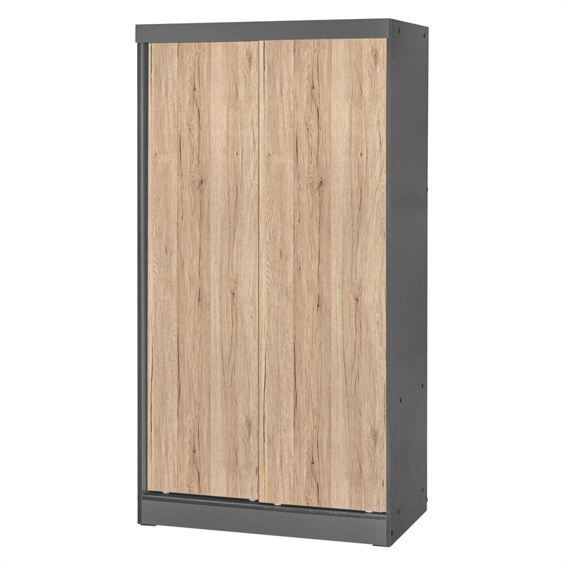 Better Home Products Modern Wood Double Sliding Door Wardrobe Natural Oak /Gray