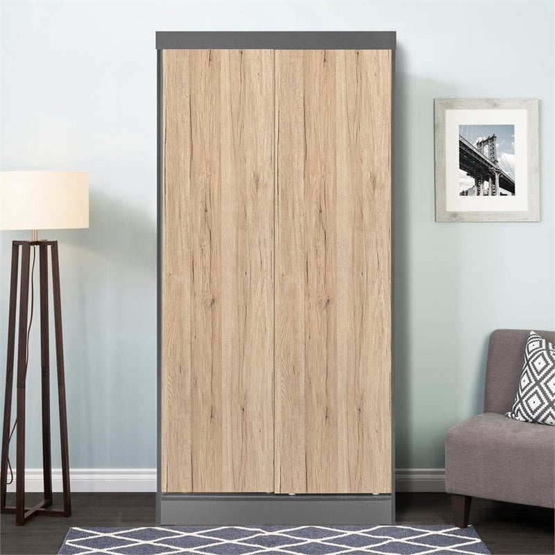 Better Home Products Modern Wood Double Sliding Door Wardrobe Natural Oak /Gray
