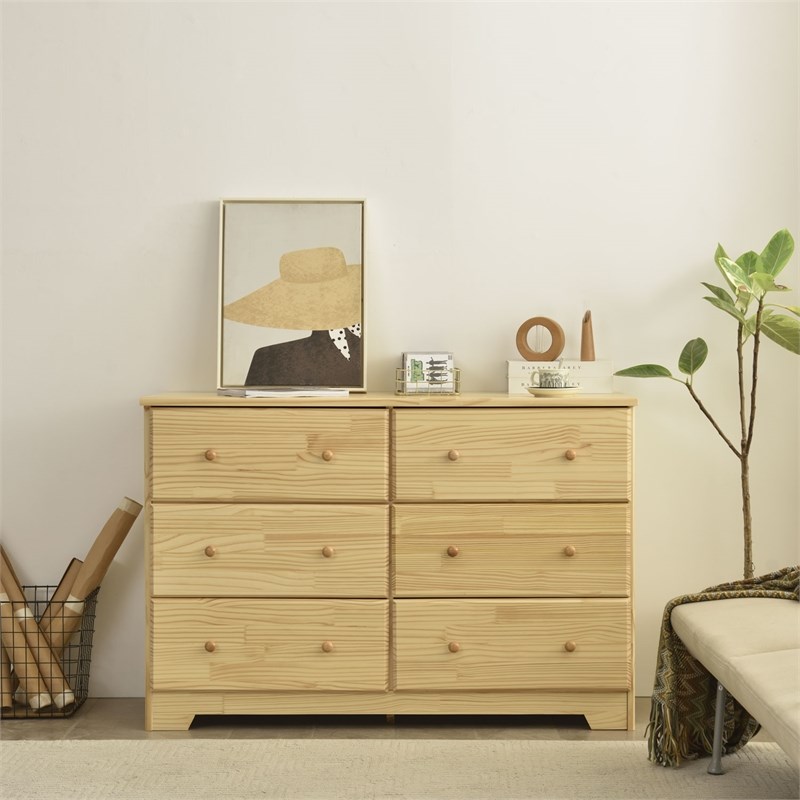 Better Home Products Solid Pine Wood 6 Drawer Double Dresser in Natural.