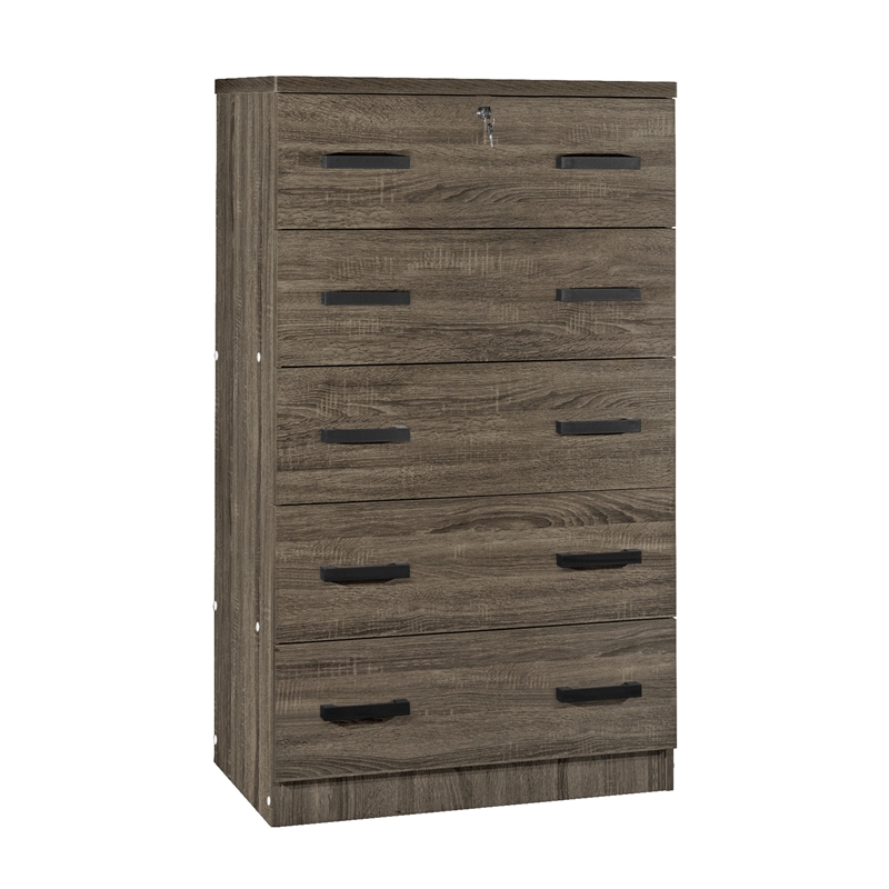 Better Home Products Olivia Wooden Tall 5 Drawer Chest in Dark Sonoma Oak