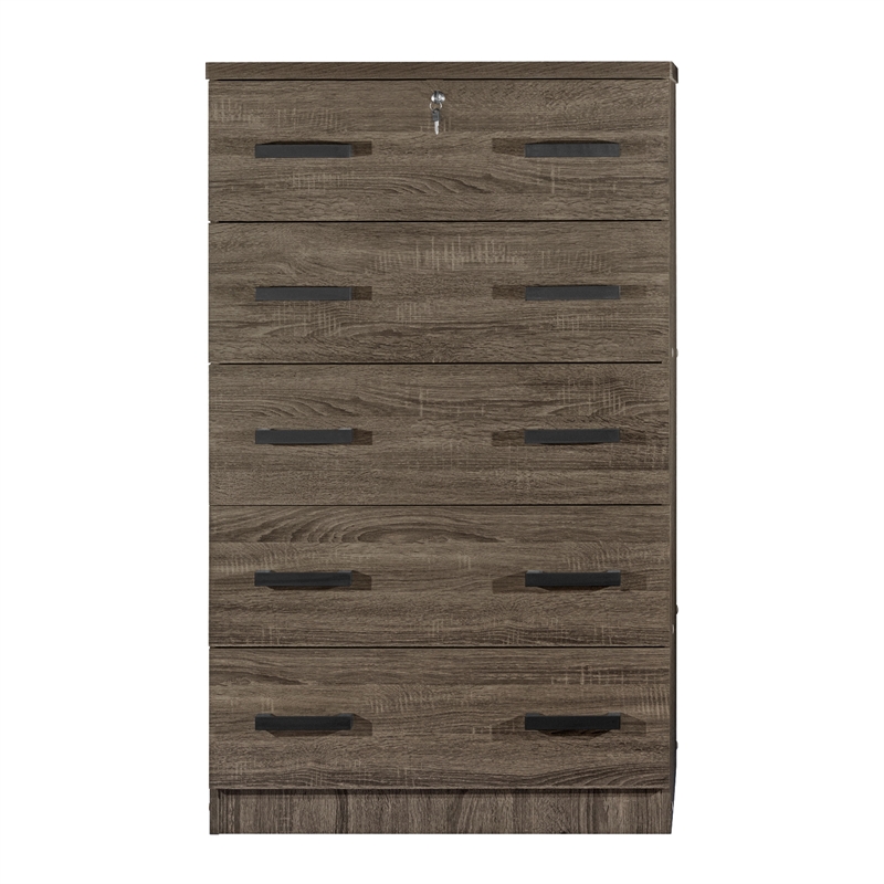 Better Home Products Olivia Wooden Tall 5 Drawer Chest in Dark Sonoma Oak