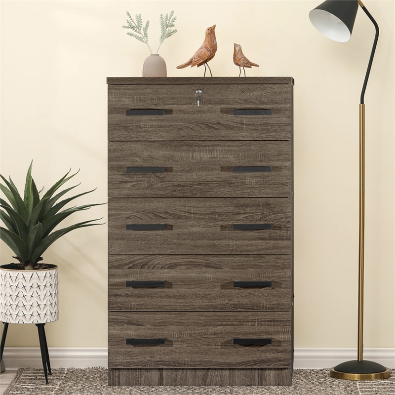 Better Home Products Olivia Wooden Tall 5 Drawer Chest in Dark Sonoma Oak