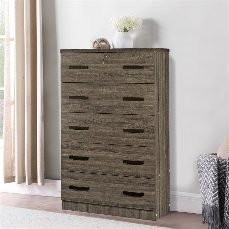 Better Home Products Olivia Wooden Tall 5 Drawer Chest in Dark Sonoma Oak