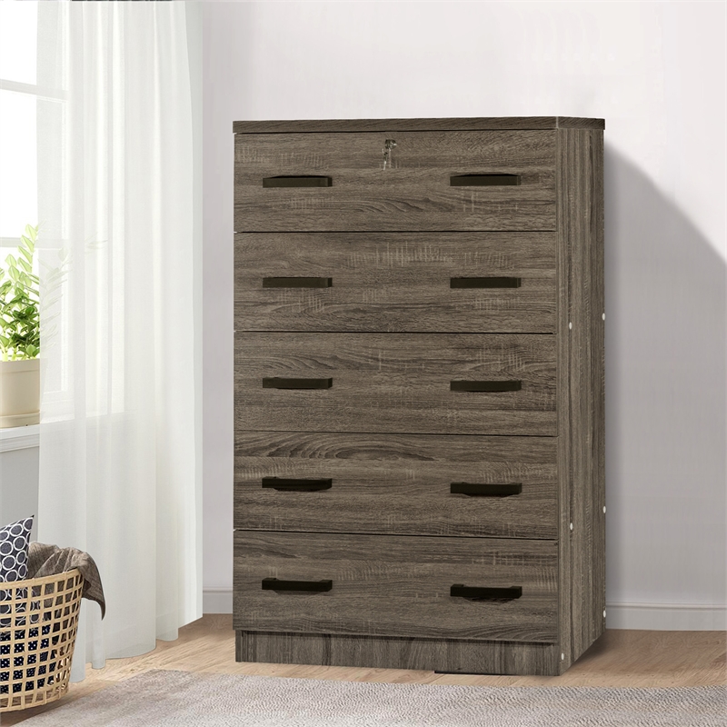 Better Home Products Olivia Wooden Tall 5 Drawer Chest in Dark Sonoma Oak