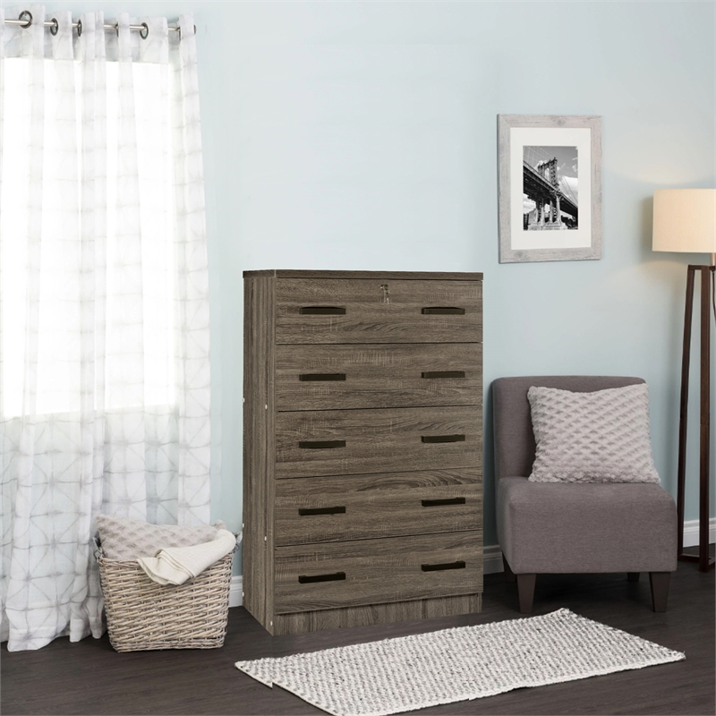 Better Home Products Olivia Wooden Tall 5 Drawer Chest in Dark Sonoma Oak