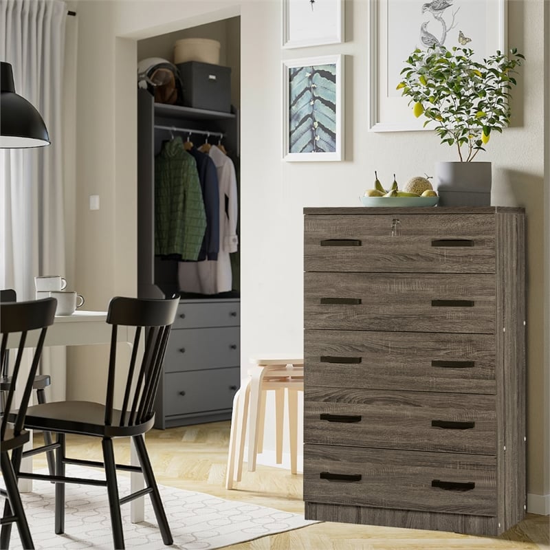 Better Home Products Olivia Wooden Tall 5 Drawer Chest in Dark Sonoma Oak