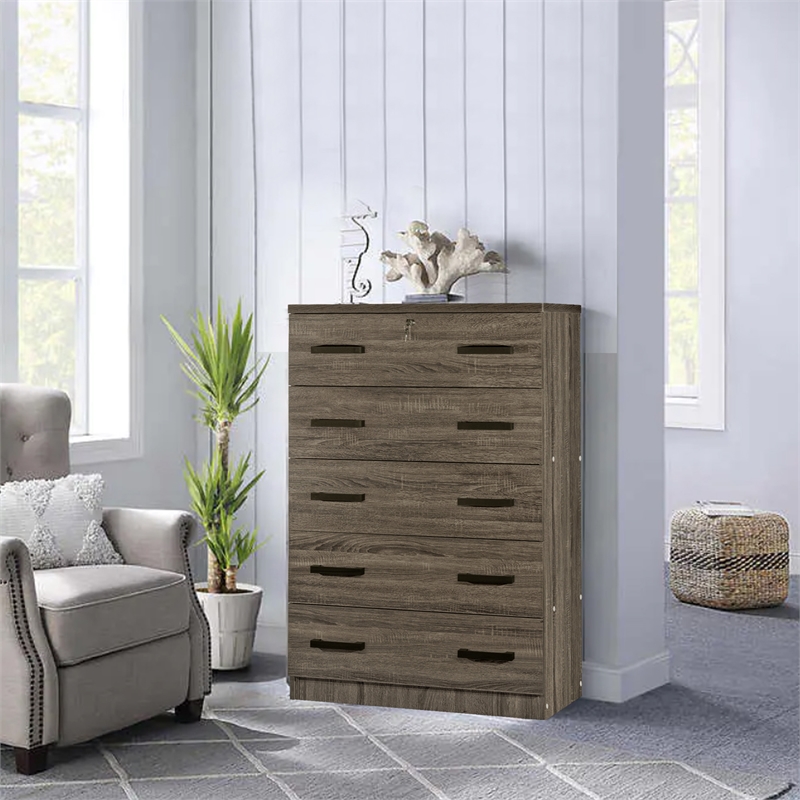 Better Home Products Olivia Wooden Tall 5 Drawer Chest in Dark Sonoma Oak