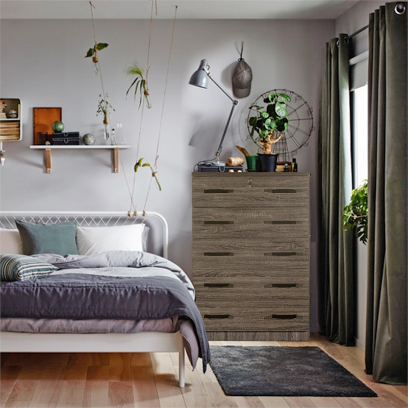 Better Home Products Olivia Wooden Tall 5 Drawer Chest in Dark Sonoma Oak