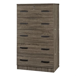 Better Home Products Olivia Wooden Tall 5 Drawer Chest in Dark Sonoma Oak