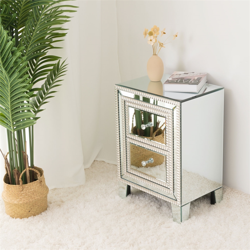Better Home Products Mirrored Nightstand 2 Drawers Mirrored Bedside Table