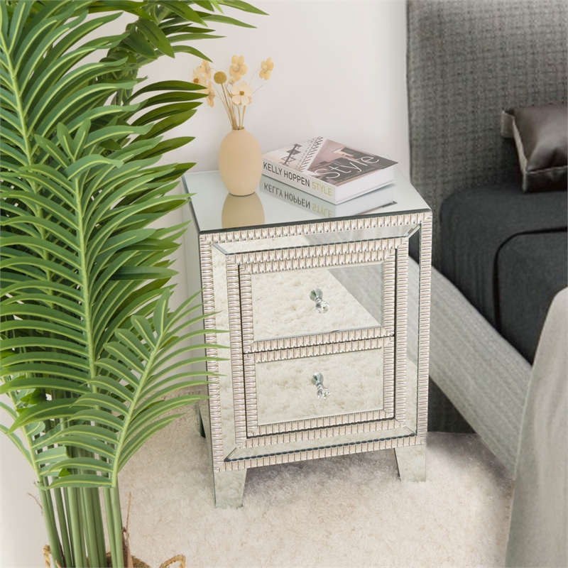 Better Home Products Mirrored Nightstand 2 Drawers Mirrored Bedside Table